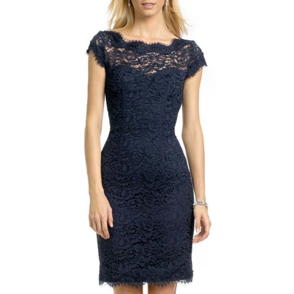 ML Monique Lhuillier Gravitate Towards You Sheath Blue Lace Keyhole Back Dress L